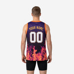 Right side view of purple and orange sublimated basketball jersey with flame pattern covering lower panel and side seam