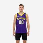 Custom purple and gold basketball jerseys with yellow V-neck binding, arced team name on chest, and front and back number placement shown on male model