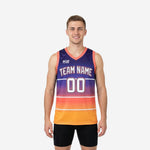 Front and back view of custom purple and gold basketball jerseys with sunset gradient and white stripe lines, men's sleeveless cut