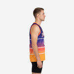 Front view of men's custom sleeveless purple and gold basketball jersey showing team name arc and front number 00 on gradient panel