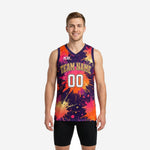 Purple and gold basketball jerseys with full paint-splash sublimation print, arched team name and front number on adult male model, front view