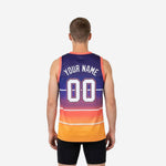 Opposite side view of custom sublimated purple and orange basketball jersey highlighting the gradient panel and straight hem