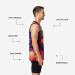 Opposite side view of custom purple basketball jersey with orange and gold paint-splash print running the full length of the body