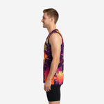 Side view of purple and gold sublimated basketball jersey showing athletic cut, V-neck binding, armhole trim, and straight hem on adult male model