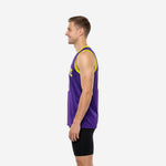 Side view of custom sublimated purple basketball jersey with bright yellow-gold armhole binding and straight hem falling to hip length
