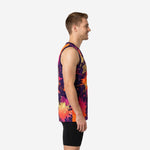 Custom purple and gold basketball jersey featuring orange and hot pink splash design with gold lettering across the chest, front view close-up