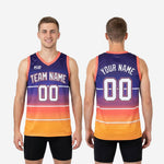 Size and spec sheet for custom purple and gold basketball jerseys showing youth and adult sizing measurements