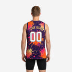 Size and specification chart for custom purple and gold basketball jerseys showing youth and adult sizing options
