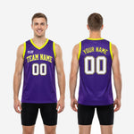 Size and spec chart for custom purple and gold basketball jerseys showing youth and adult sizing measurements for team roster orders