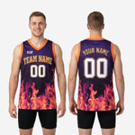 Size and specification chart for purple and gold custom basketball jerseys showing youth and adult sizing dimensions