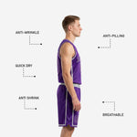 Back view of custom purple basketball uniform showing player name above back number in silver-grey sublimated print