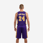 Back view of custom purple and gold basketball uniforms showing player name and back number placement on purple jersey with gold side panels