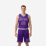 Men's custom purple and gold basketball uniforms full set showing front and back with arced team name and player numbers