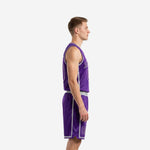 Front view of men's solid purple custom basketball uniform set with silver-grey V-neck trim and collegiate number on chest