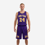 Custom purple and gold basketball uniforms full set showing arced team name and number 24 on purple jersey with gold side panels and matching shorts, front view