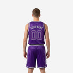 Opposite side view of men's purple and gold basketball uniform set with silver armhole binding and tapered jersey cut