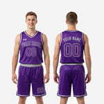 Size and specification sheet for men's custom purple and gold basketball uniform jersey and shorts set