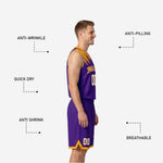 Back view of custom purple and gold reversible basketball uniform set showing back number placement and sublimated design detail across the full jersey
