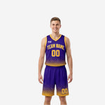 Custom purple and gold reversible basketball uniforms showing hex-dot gradient jersey and matching shorts on male model, full front and back view