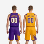 Size and specification sheet for purple and gold custom reversible basketball uniforms covering youth and adult sizing for full roster orders