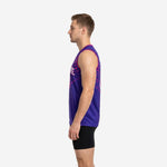Purple and pink custom sublimated basketball jersey side profile showing armhole binding and straight hem with side vent