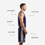 Sublimated purple and silver basketball team kit with matching jersey and shorts full set