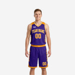 Purple and white reversible basketball uniforms showing purple side front and gold reverse side, fully sublimated with arched team name and front and back numbers