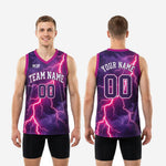 Size and spec chart for custom purple basketball jerseys showing youth and adult sizing dimensions