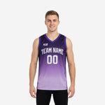 Custom purple basketball jerseys with dark-to-lavender gradient fade and white team name and number 00 on the front chest, worn by a male model