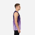 Front view of a sublimated purple basketball jersey showing hex side panel detail, blue V-neck binding, and blue armhole trim