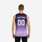 Right side view of a personalized purple basketball jersey with lavender fade at the hem and contrast blue side stripe detail