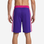 Back view of custom purple basketball shorts with pink waistband and matching side stripe full sublimation print