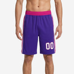 Front view of mens custom purple basketball shorts showing player number 00 on lower left leg with pink outline and side stripe