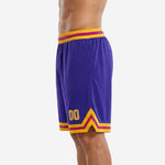 Left side view of custom sublimated purple basketball shorts with double gold chevron at the leg opening and player number on thigh
