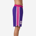 Side view of sublimated purple basketball shorts showing full-length pink and white triple stripe on the side panel