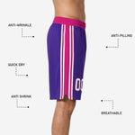Size and specification sheet for custom purple and pink basketball shorts youth and adult roster sizing