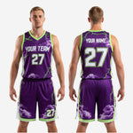 Full set view of purple basketball team uniform with white panels, neon green accents, and custom name and number placement