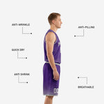Back view of purple and silver custom basketball uniform showing back player name number and starburst sublimation design