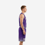 Purple basketball uniform front showing arced team name white number and halftone dot fade pattern on jersey and shorts