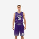 Purple and silver custom basketball uniform full set front view with starburst jersey and halftone shorts worn by male model