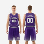 Size and specification sheet for purple and silver custom sublimated basketball jersey and shorts set