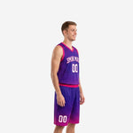 Men's custom purple basketball uniform front view showing arched team name and bold number 00 on sublimated starburst jersey