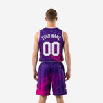 Back view of purple galaxy basketball uniform showing player name placement, back number, and full gradient print across jersey and shorts