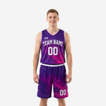 Custom purple basketball uniform with pink galaxy gradient, white team name arc and front number 00 on sleeveless jersey and matching shorts, front view