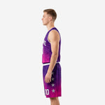 Left side view of purple basketball uniform set showing armhole binding, straight side seam jersey, and elastic drawcord waistband on matching shorts