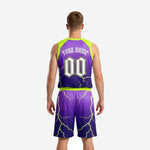 Back view of custom purple basketball uniform with neon green lightning design and player name and number placement