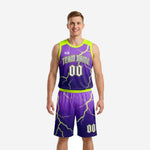 Custom purple basketball uniform with neon green lightning pattern - sleeveless jersey and matching shorts set, front view