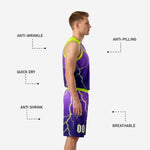 Full 2-piece purple basketball uniform set with neon green lightning sublimation - jersey and shorts together