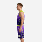 Opposite side view of custom purple and neon green basketball uniform set showing full lightning pattern coverage on shorts