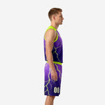 Side view of custom purple basketball uniform showing neon green armhole binding and lightning bolt pattern on jersey and shorts